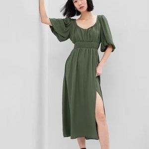 Gap Puff-Sleeve Smocked Midi Dress - Olive Green - Size Large